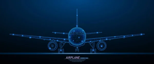 旅客機フロント Veiw の抽象的な多角形光 ビジネス ワイヤは 飛び散る破片から球をメッシュします 旅行の概念 青い構造ベクトル イラスト — ストックベクタ