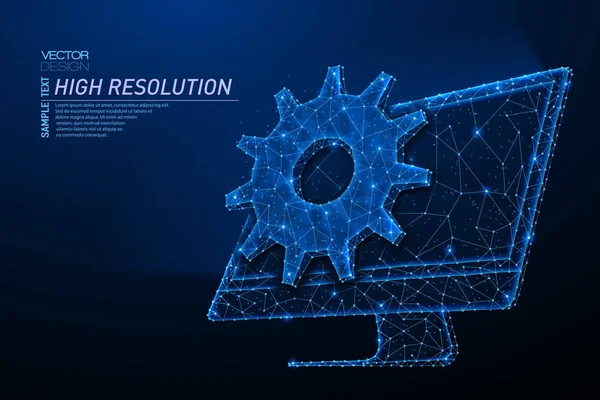 Diseño abstracto de luz poligonal del monitor de ordenador con engranaje de engranaje . — Archivo Imágenes Vectoriales