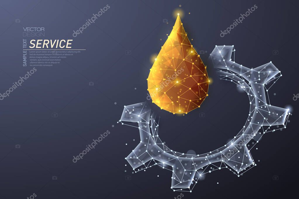 Abstract polygonal light design of cog gear with oil drop. Business wireframe mesh spheres from flying debris. Engine cervice concept. Gray lines,dots structure style vector 3D illustration.