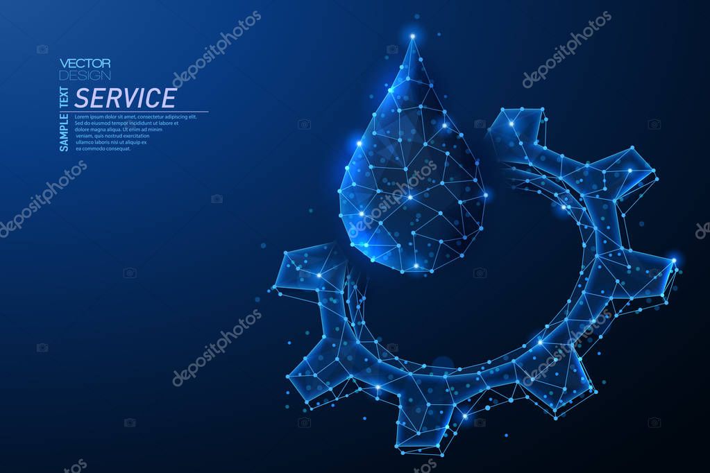 Abstract polygonal light design of cog gear with oil drop. Business wireframe mesh spheres from flying debris. Engine cervice concept. Blue lines,dots structure style vector 3D illustration.