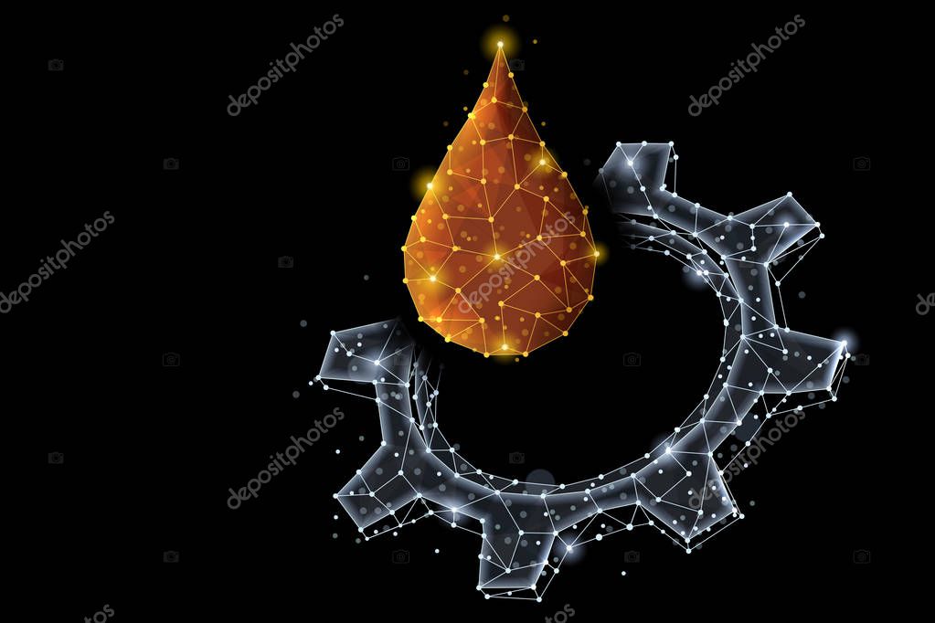 Abstract polygonal light design of cog gear with oil drop. Business wireframe mesh spheres from flying debris. Engine cervice concept. Gray lines,dots structure style raster 3D illustration.