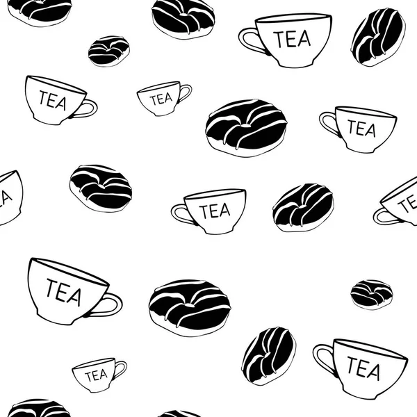 Черно-белый вектор бесшовные картины с чашки и пончики — стоковый вектор