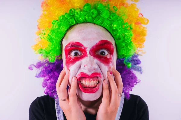 Menina Uma Imagem Brilhante Palhaço Retrato Emocional Estudante Apresentação Fantasiada — Fotografia de Stock