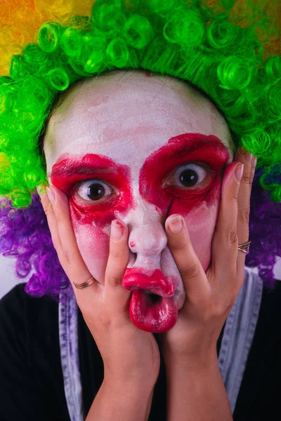 girl in a bright image of a clown. emotional portrait of a student. costumed presentation of children\'s animator. Female clown