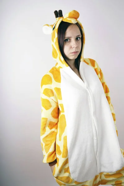 Girl Bright Children Pajamas Form Giraffe Emotional Portrait Student Costume — Stock Photo, Image
