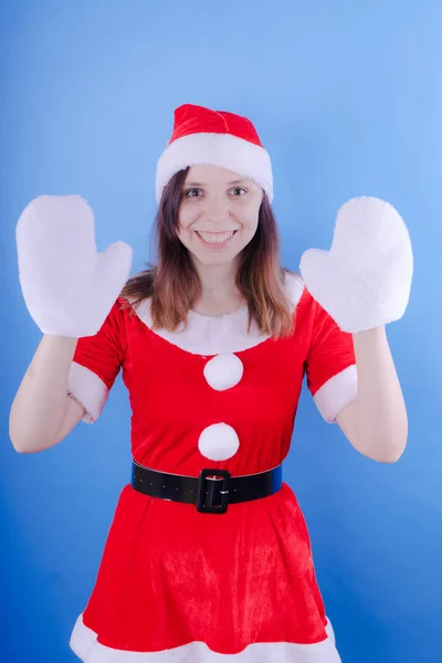 Retrato Uma Jovem Vestida Papai Noel Fundo Branco Feliz Ano — Fotografia de Stock