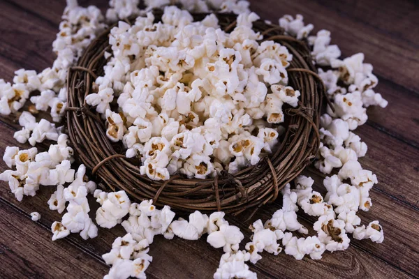 Fresh Cooked Salty Popcorn Wooden Background — Stock Photo, Image