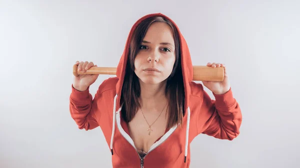 Young Cute Girl Baseball Bat Girl Bat Girl Criminal Woman — Stock Photo, Image