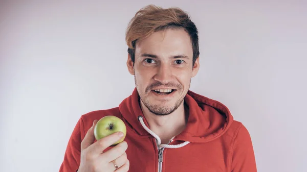 Guy Cheerful Face Holds Green Apple White Background Concept Love — Stock Photo, Image