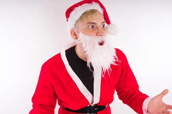 Kerstman Een Witte Achtergrond Gelukkig Nieuw Jaar Merry Christmas — Stockfoto