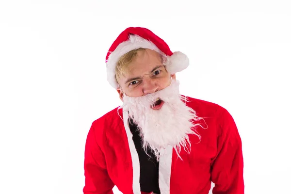 Эмоциональный Санта Клаус Белом Фоне Концепция Злого Санта Клауса Новым — стоковое фото