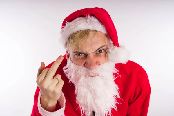 Känslomässiga Jultomte Vit Bakgrund Begreppet Onda Santa Claus Gott Nytt — Stockfoto