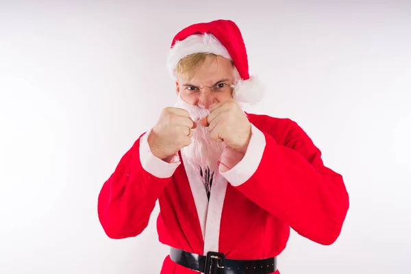 Emotionaler Weihnachtsmann Auf Weißem Hintergrund Das Konzept Eines Bösen Weihnachtsmannes — Stockfoto