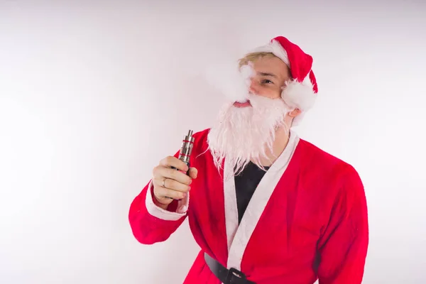 Vape Papai Noel Vida Real Retrato Jovem Com Barba Chapéu — Fotografia de Stock