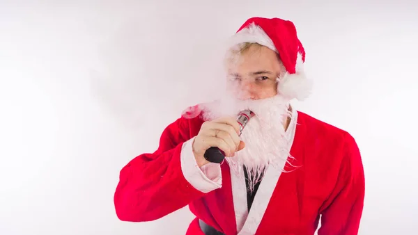 Vape Santa Claus Reálném Životě Portrét Mladého Muže Bílým Plnovousem — Stock fotografie