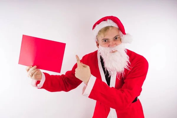 Weihnachtsmann Mit Einem Schild Auf Weißem Hintergrund Das Konzept Der — Stockfoto