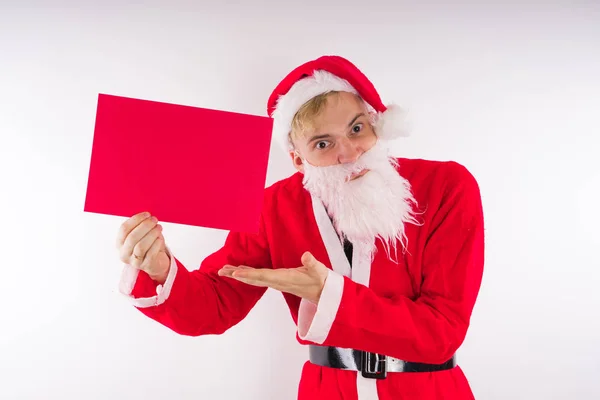 Santa Claus Con Cartel Sobre Fondo Blanco Concepto Descuentos Ventas — Foto de Stock