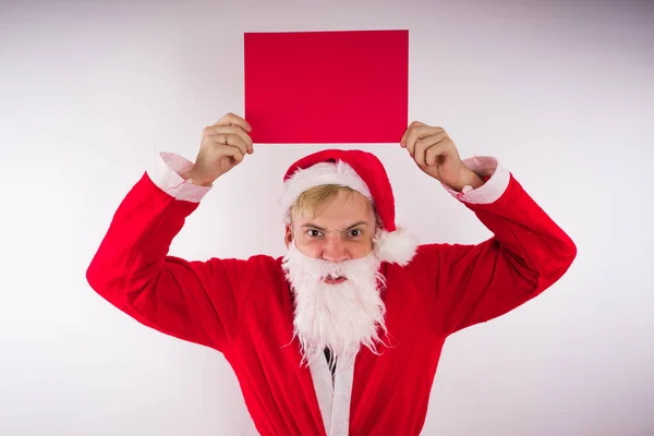 Papai Noel Com Uma Placa Fundo Branco Conceito Descontos Vendas — Fotografia de Stock