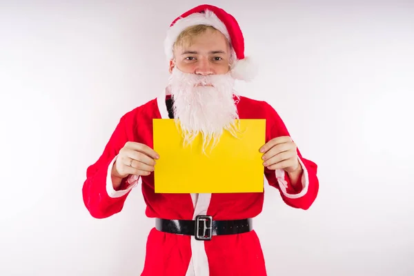 Santa Claus Con Cartel Sobre Fondo Blanco Concepto Descuentos Ventas — Foto de Stock
