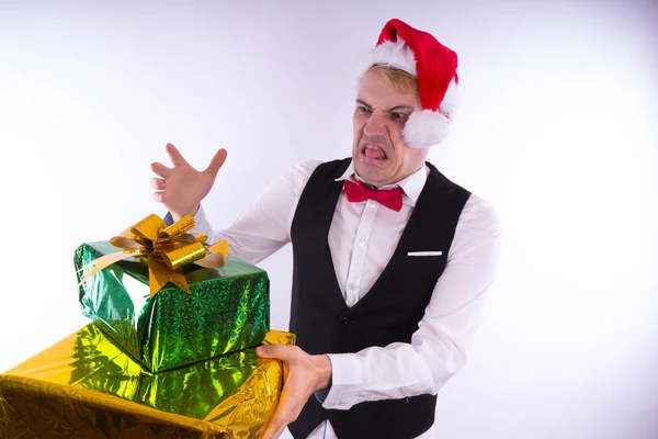 Homem Chapéu Pai Natal Conceito Natal Escritório Cara Com Presentes — Fotografia de Stock