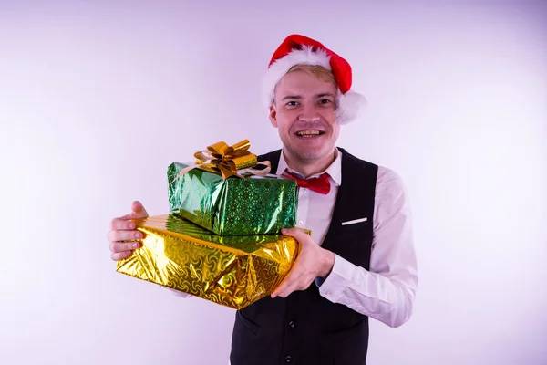 Hombre Del Sombrero Santa Concepto Navidad Oficina Tipo Con Regalos — Foto de Stock