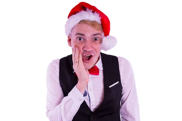 Hombre Con Sombrero Santa Sobre Fondo Blanco Concepto Navidad Oficina — Foto de Stock