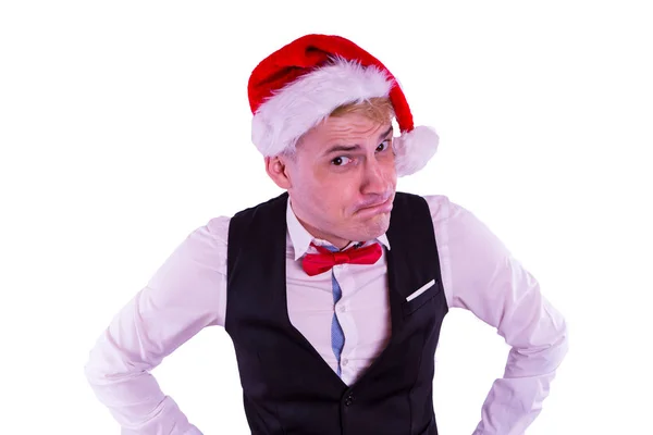 Homem Chapéu Pai Natal Sobre Fundo Branco Conceito Natal Escritório — Fotografia de Stock