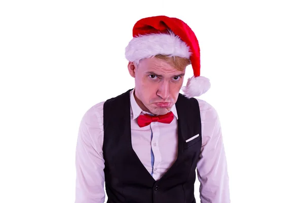 Mann Mit Weihnachtsmannmütze Auf Weißem Hintergrund Das Konzept Von Weihnachten — Stockfoto