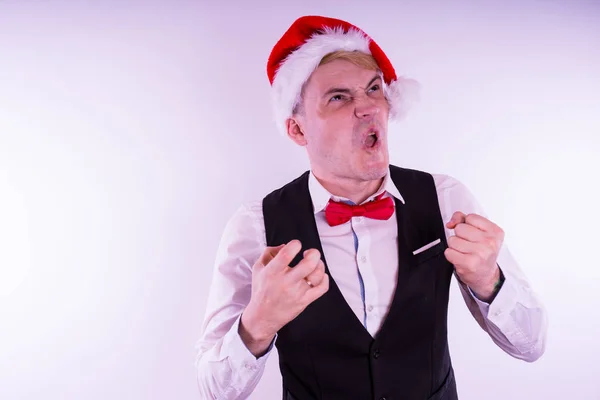 Homem Chapéu Pai Natal Sobre Fundo Branco Conceito Natal Escritório — Fotografia de Stock