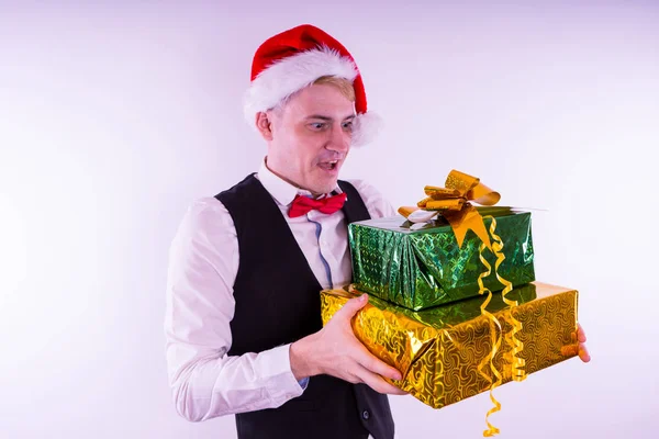 Hombre Del Sombrero Santa Concepto Navidad Oficina Tipo Con Regalos — Foto de Stock