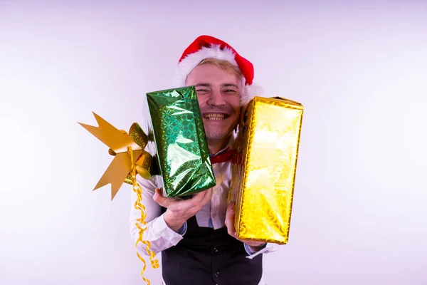 Hombre Del Sombrero Santa Concepto Navidad Oficina Tipo Con Regalos — Foto de Stock