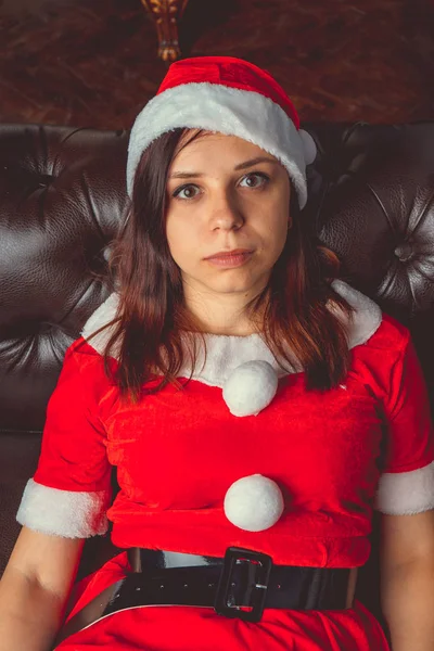 Bella Ragazza Vestita Babbo Natale Felice Anno Nuovo Buon Natale — Foto Stock