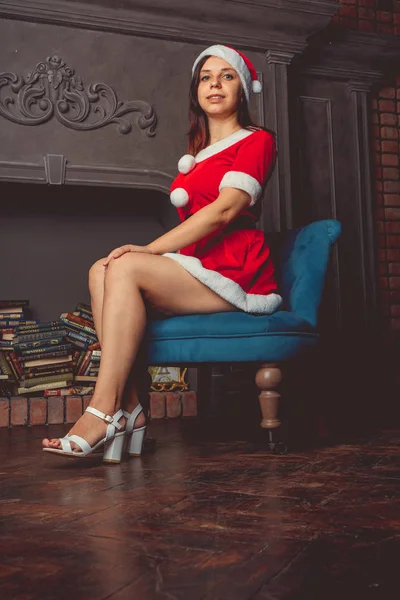 Jolie Fille Habillée Père Noël Bonne Année Joyeux Noël — Photo