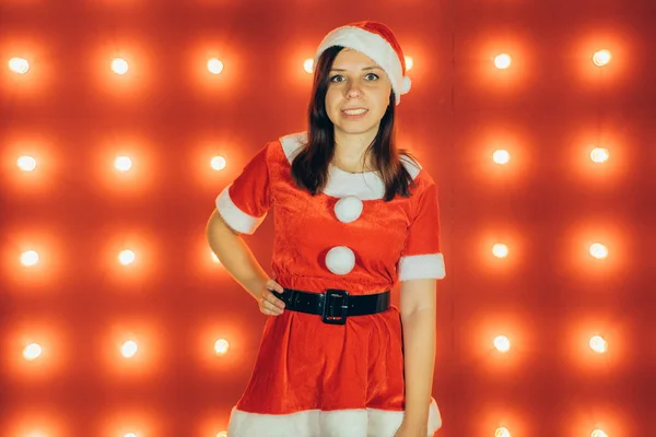 Festa Festa Natale Capodanno Bella Ragazza Con Cappello Rosso Babbo — Foto Stock