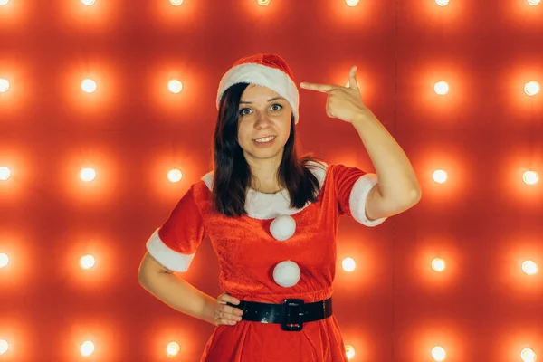 Festa Festa Natale Capodanno Bella Ragazza Con Cappello Rosso Babbo — Foto Stock