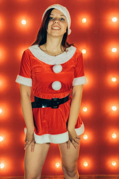 Party Celebration Christmas New Year Beautiful Girl Wearing Red Santa — Stock Photo, Image