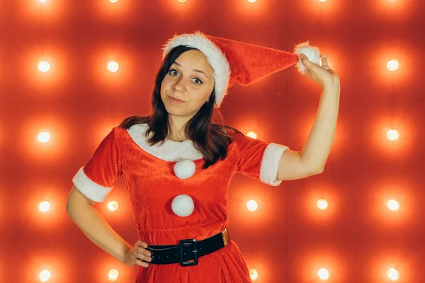 Fiesta Celebración Navidad Año Nuevo Hermosa Chica Con Sombrero Rojo —  Fotos de Stock