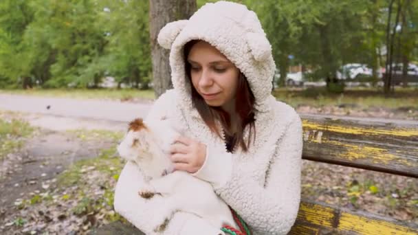 Девушка Собака Сидят Скамейке Осенью — стоковое видео
