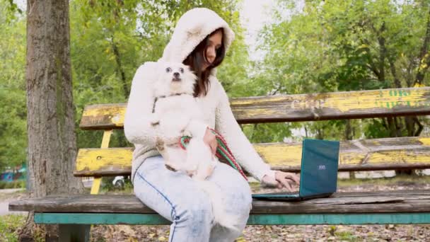 Flicka Och Hund Sitter Bänken Hösten — Stockvideo