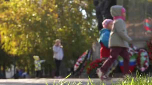 Mãe Filha Caminham Parque Outonal — Vídeo de Stock