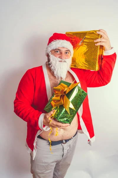 Vastag Érzelmi Santa Claus Szántás Csupasz Törzs — Stock Fotó