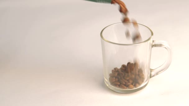 Lots Coffee Beans Clear Mug Fresh Coffee Concept — Stock Video