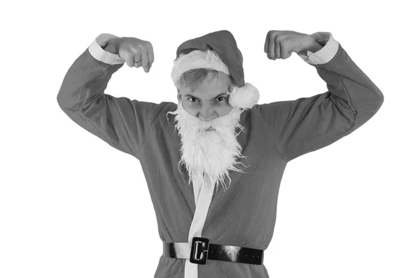 Emotional Man Dressed Santa Claus Shows His Strength — Stock Photo, Image