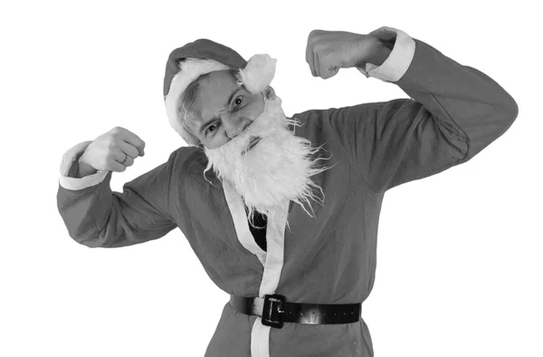 Emocjonalne Mężczyzna Ubrany Jak Święty Mikołaj Pokazuje Poza Jego Siłę — Zdjęcie stockowe