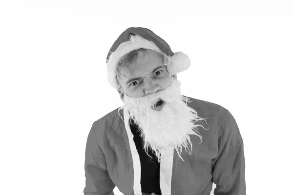 Emocjonalne Mężczyzna Ubrany Jak Święty Mikołaj Pokazuje Poza Jego Siłę — Zdjęcie stockowe
