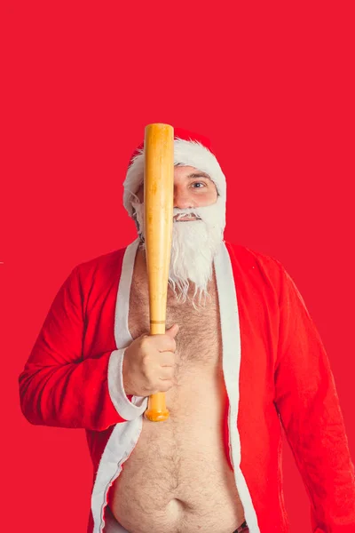 Weihnachtsmann Mit Tätowierung Und Baseballschläger Das Konzept Eines Bösen Weihnachtsmannes — Stockfoto