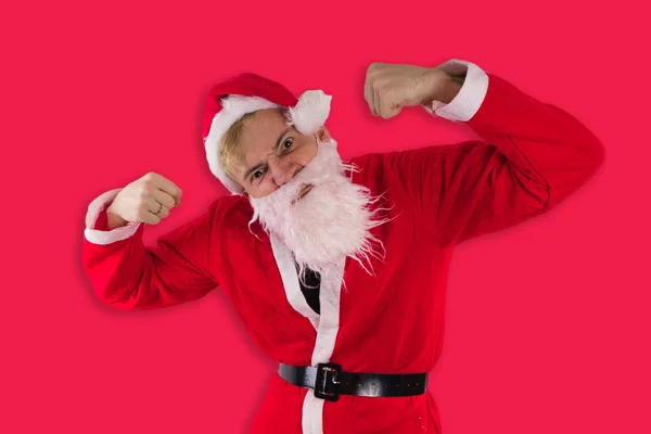 Emotional Man Dressed Santa Claus Shows His Strength — Stock Photo, Image