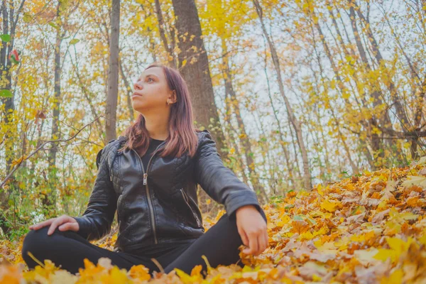 Junges Mädchen Beim Spazierengehen Herbstpark Frau Freien Auf Herbstlichem Hintergrund — Stockfoto