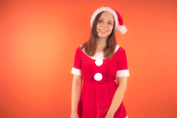 Retrato Una Joven Vestida Santa Claus Sobre Fondo Naranja Feliz —  Fotos de Stock