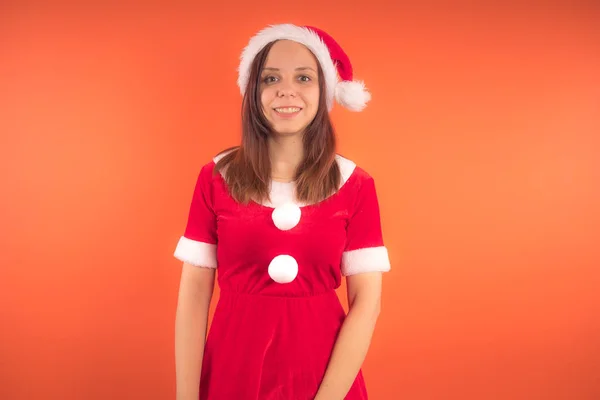 Retrato Uma Jovem Vestida Papai Noel Fundo Laranja Feliz Ano — Fotografia de Stock